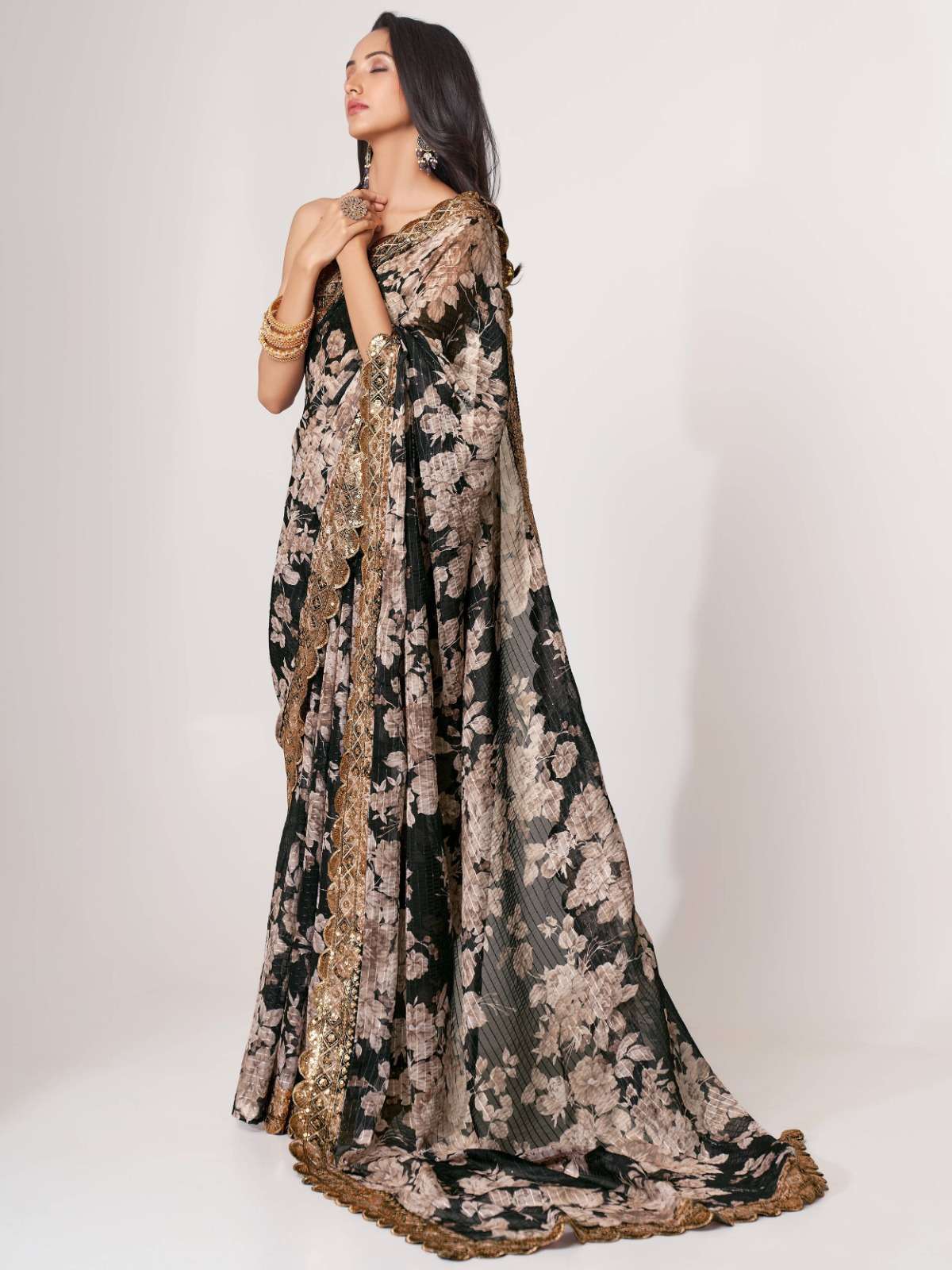 pr 1103 fancy floral black color classic saree single design