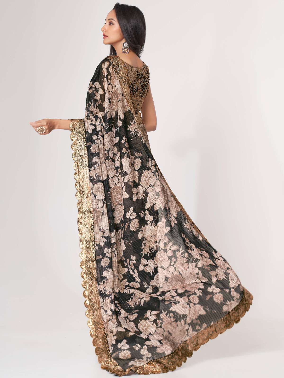 pr 1103 fancy floral black color classic saree single design