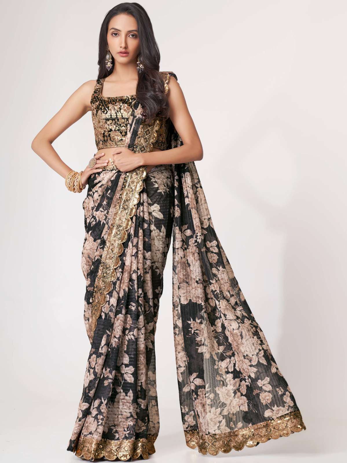 pr 1103 fancy floral black color classic saree single design