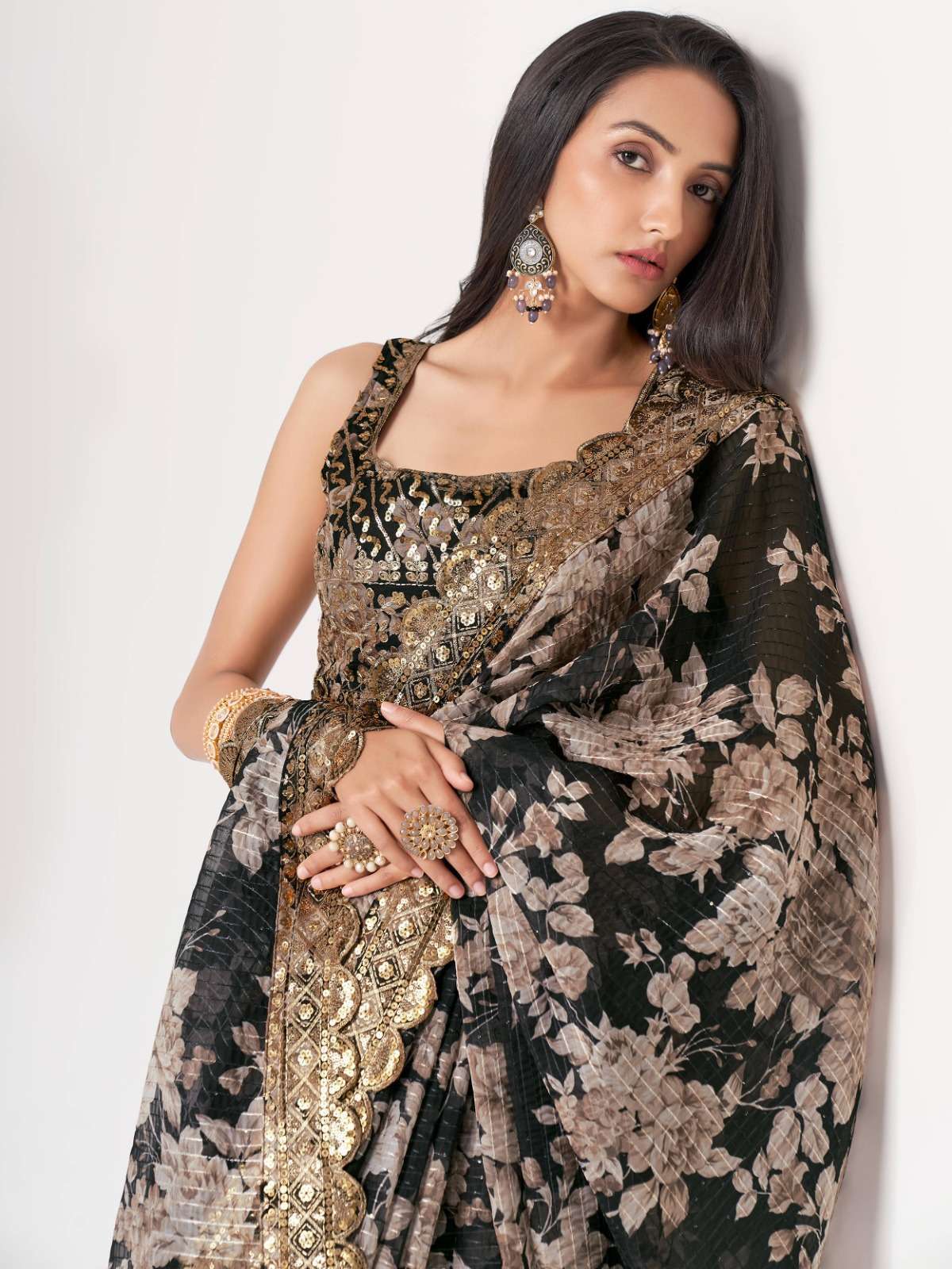 pr 1103 fancy floral black color classic saree single design
