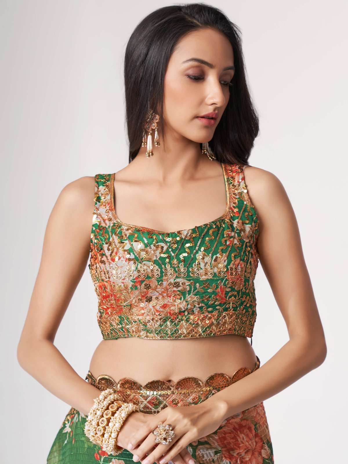 pr 1105 fancy floral print green color organza single saree