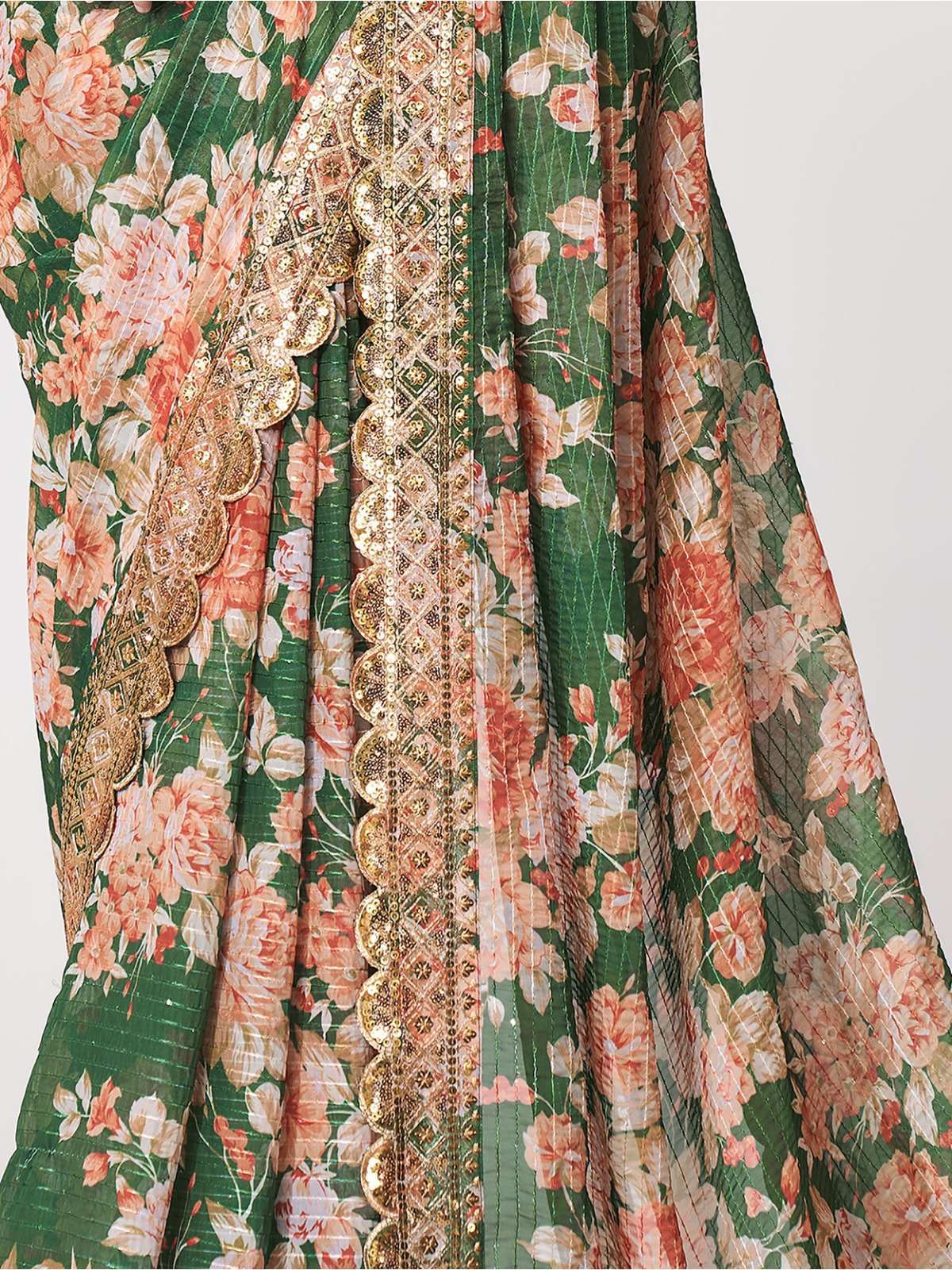 pr 1105 fancy floral print green color organza single saree