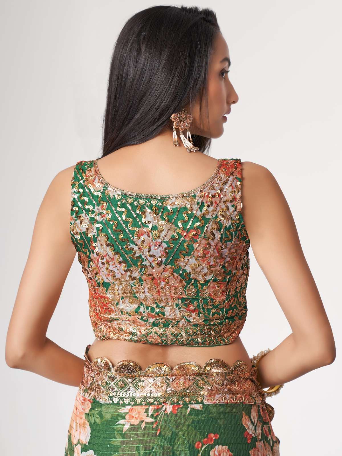 pr 1105 fancy floral print green color organza single saree