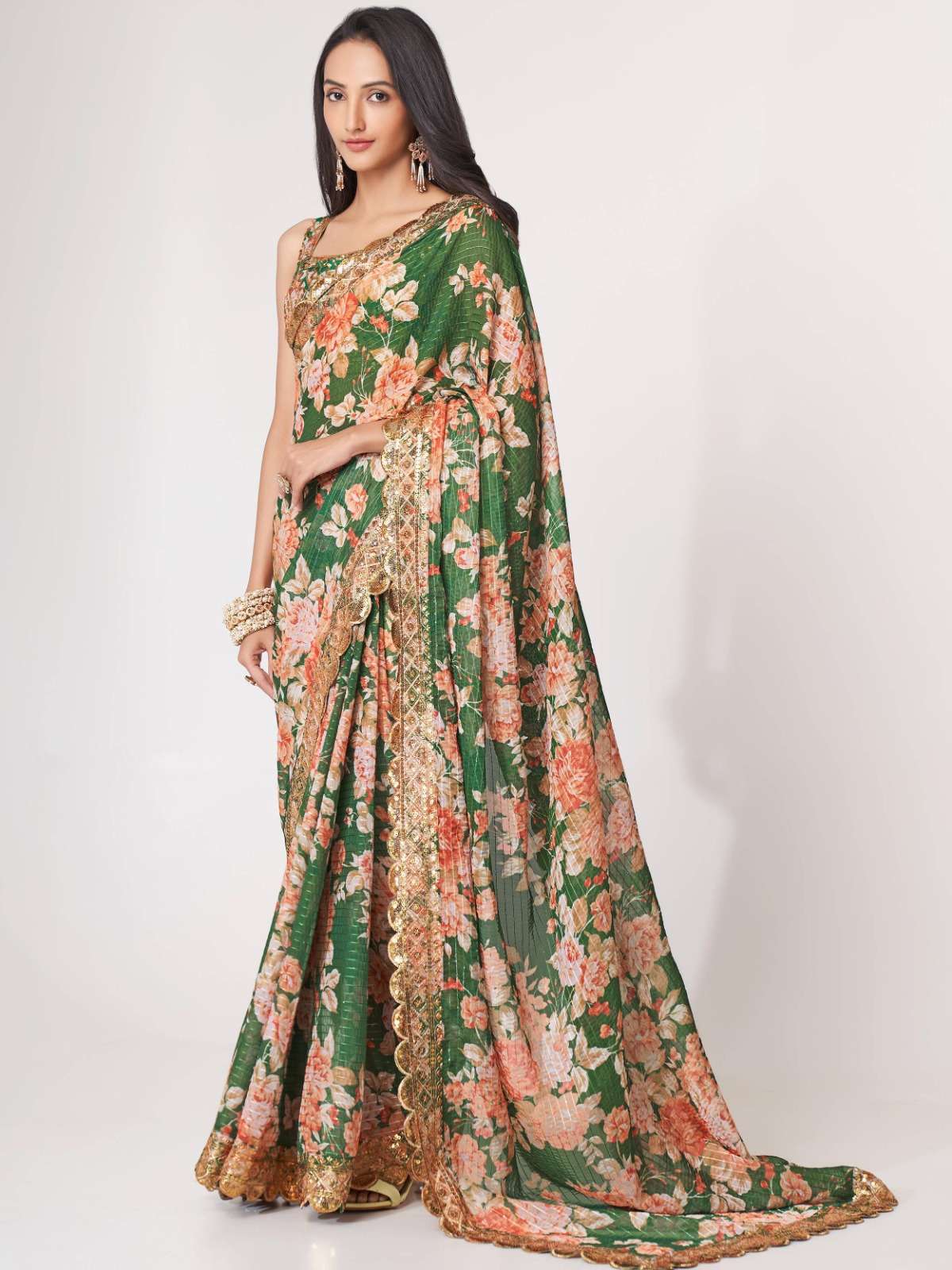 pr 1105 fancy floral print green color organza single saree