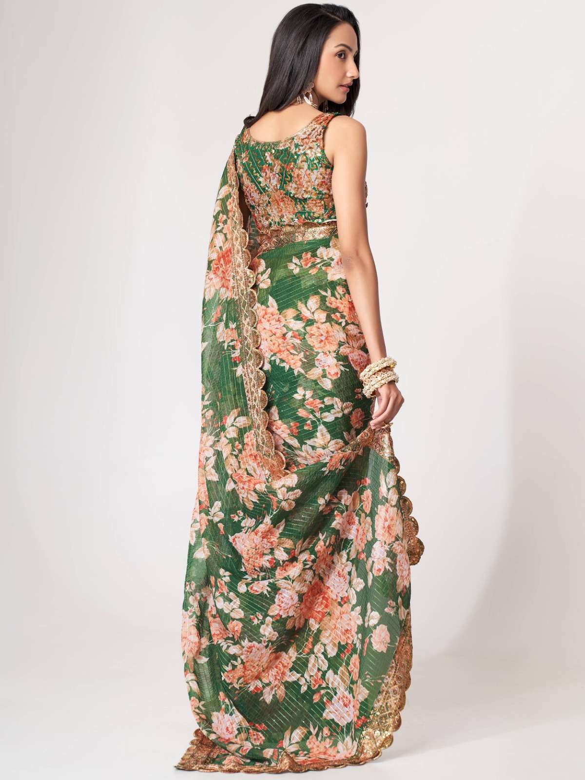 pr 1105 fancy floral print green color organza single saree