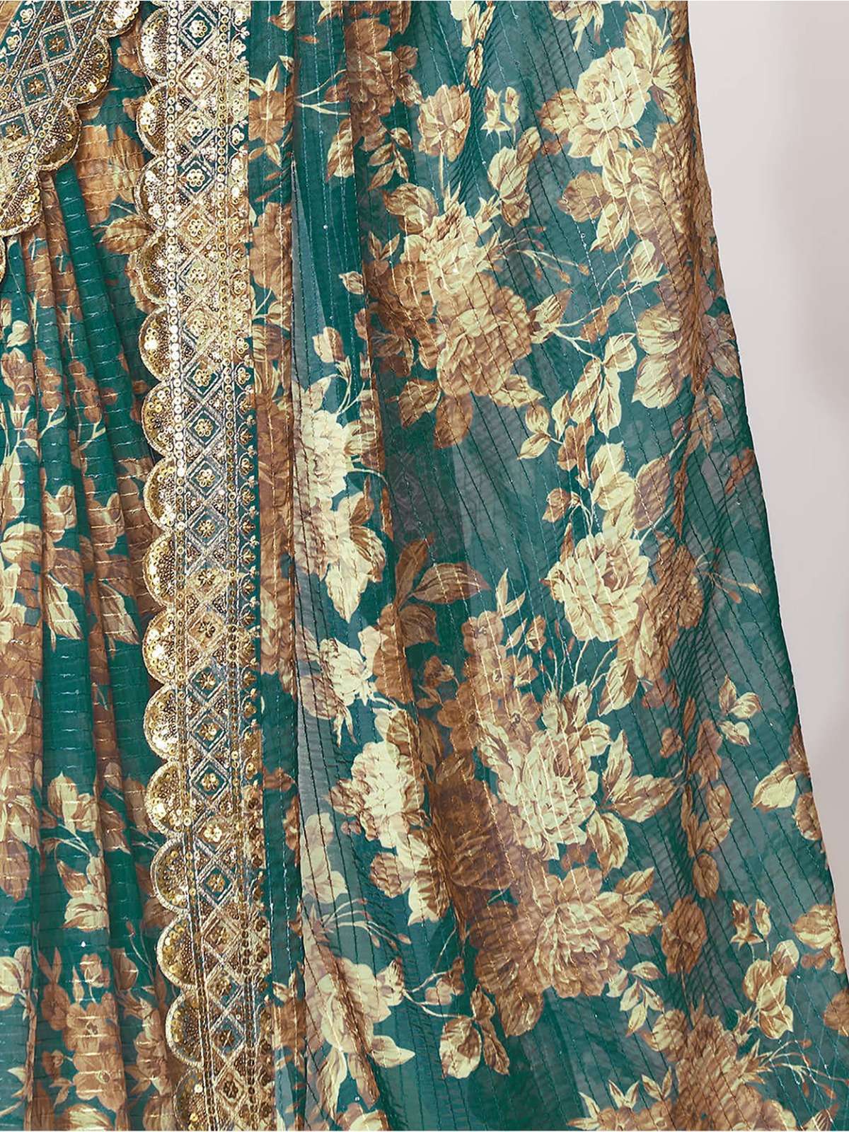 pr 1106 floral digital print teal blue color organza saree