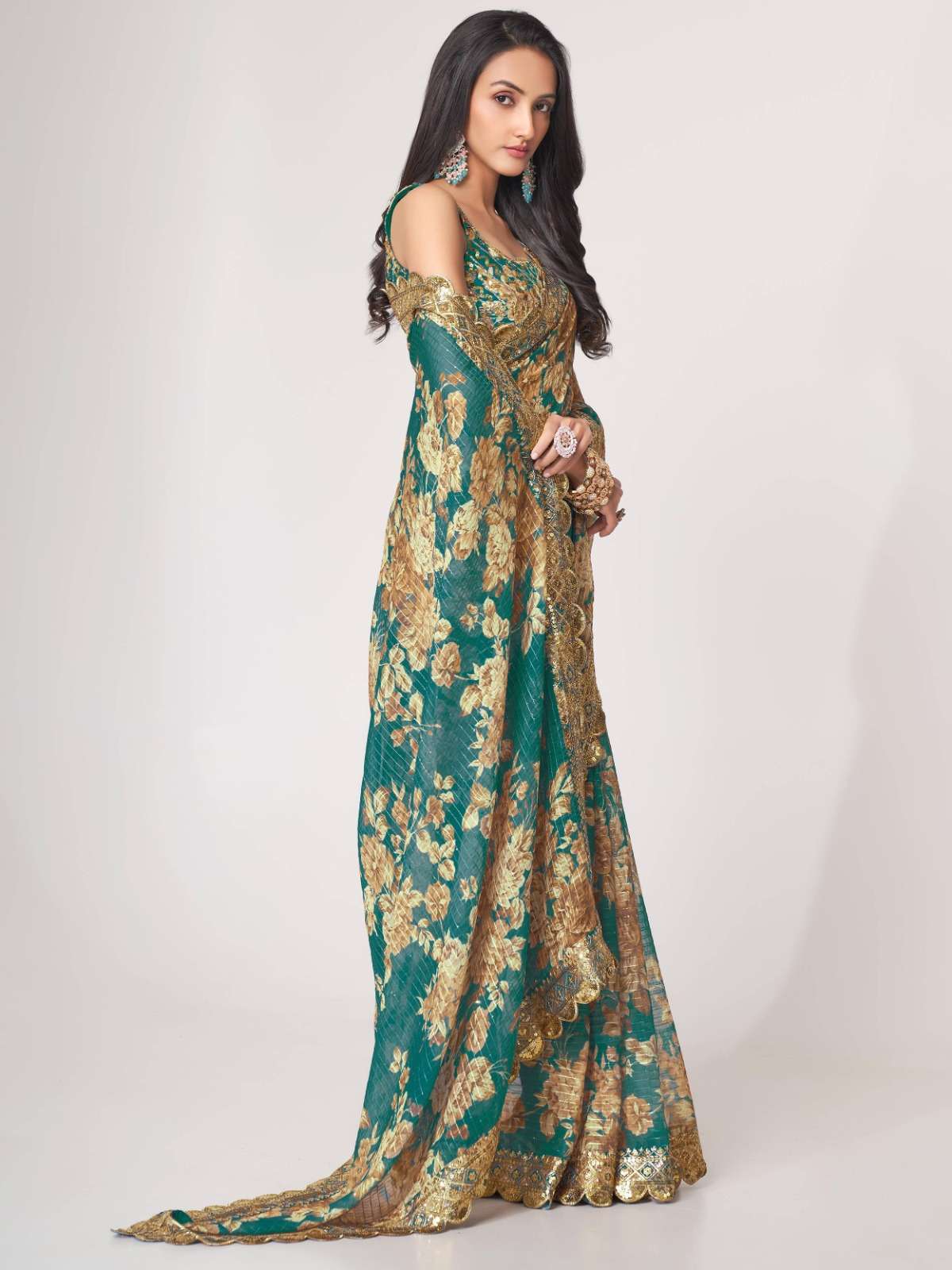 pr 1106 floral digital print teal blue color organza saree
