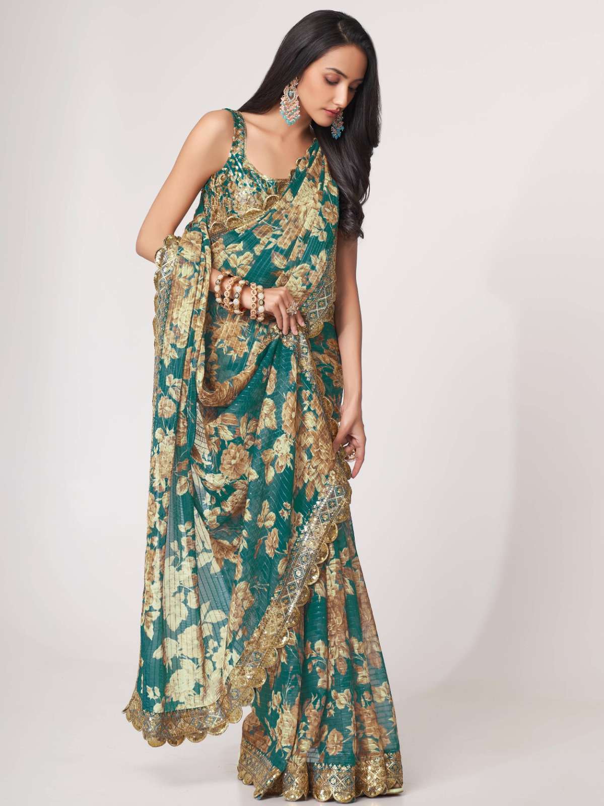 pr 1106 floral digital print teal blue color organza saree