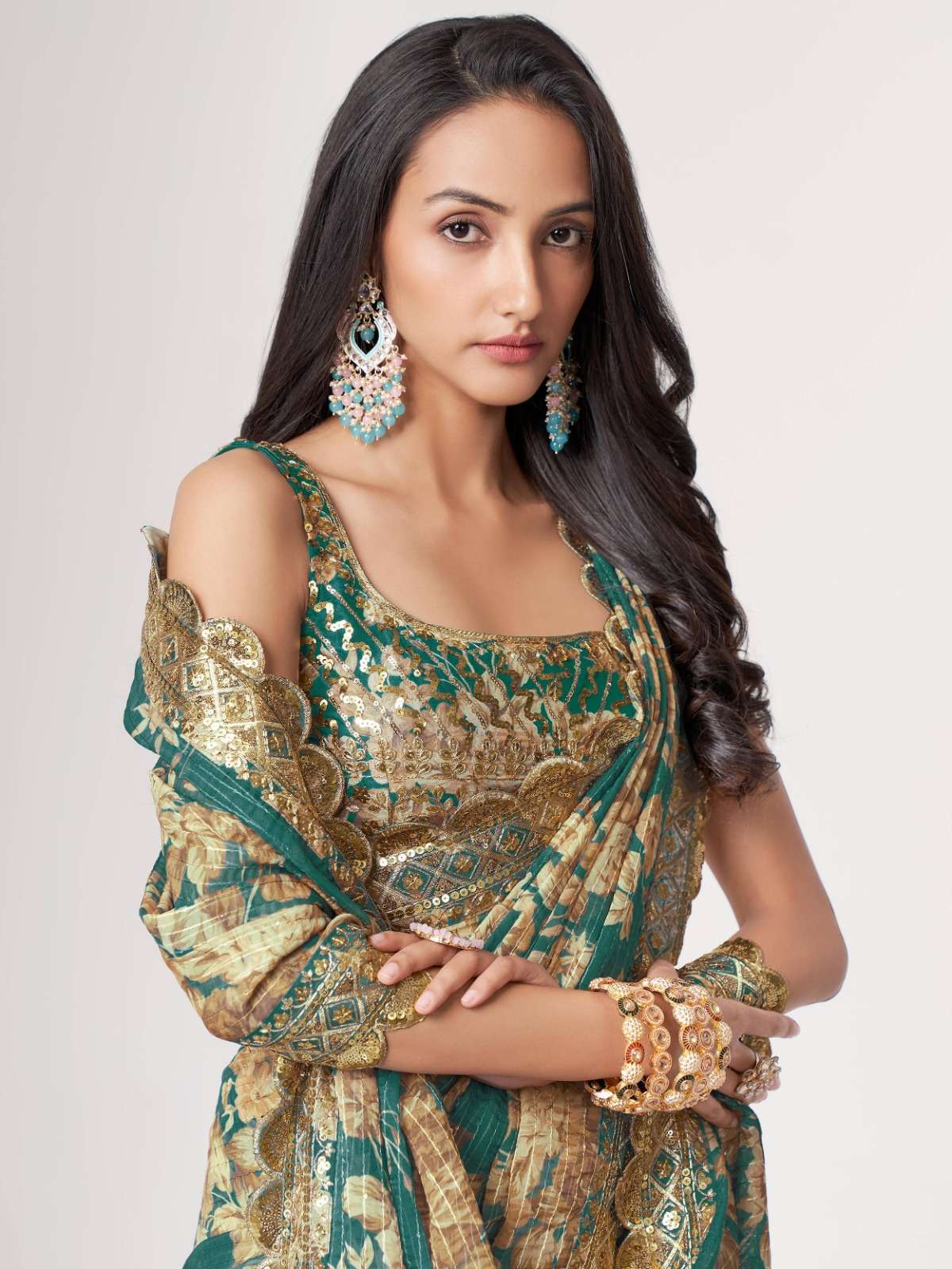 pr 1106 floral digital print teal blue color organza saree