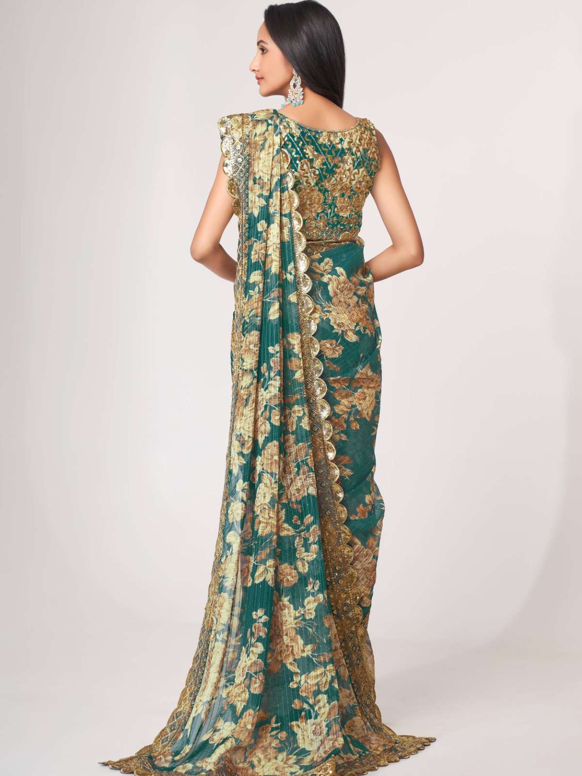 pr 1106 floral digital print teal blue color organza saree