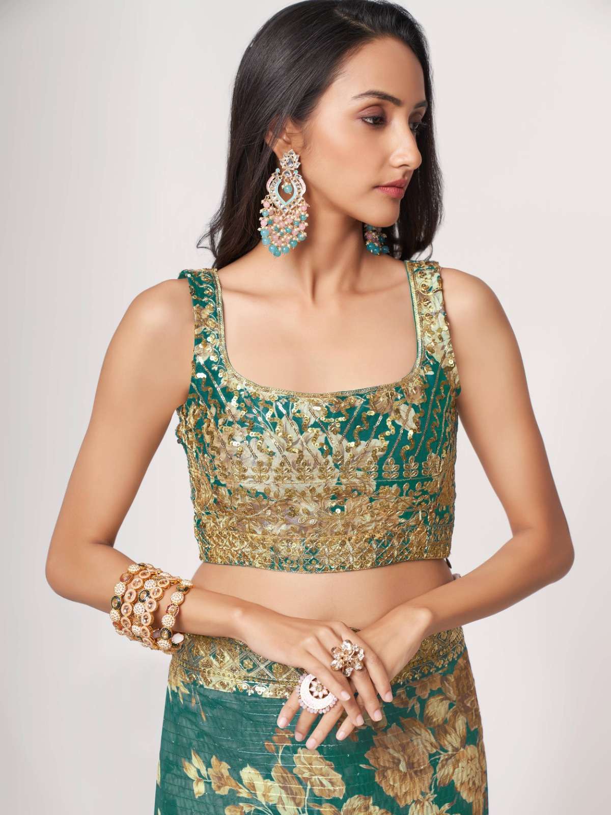 pr 1106 floral digital print teal blue color organza saree