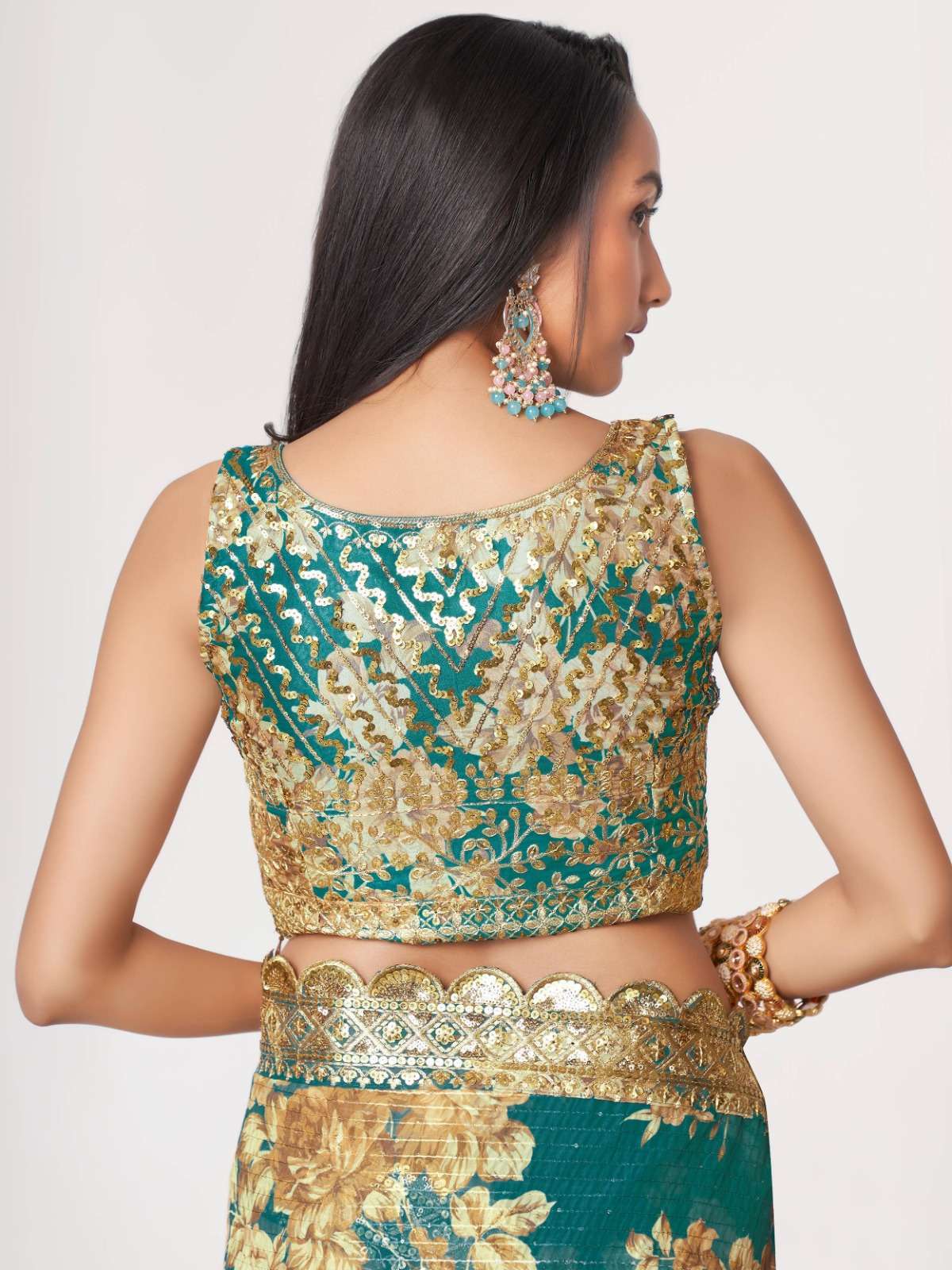 pr 1106 floral digital print teal blue color organza saree