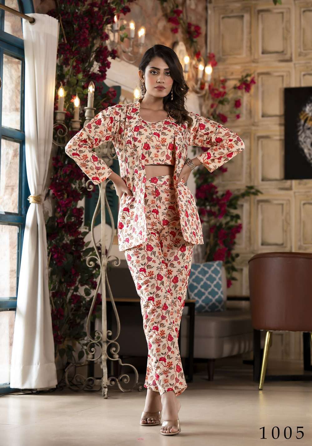 pr richie fancy cord set soft silk digital print readymade crop top with jacket and pant