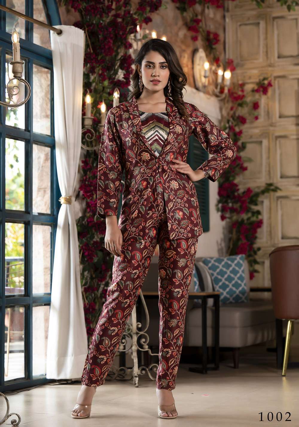 pr richie fancy cord set soft silk digital print readymade crop top with jacket and pant