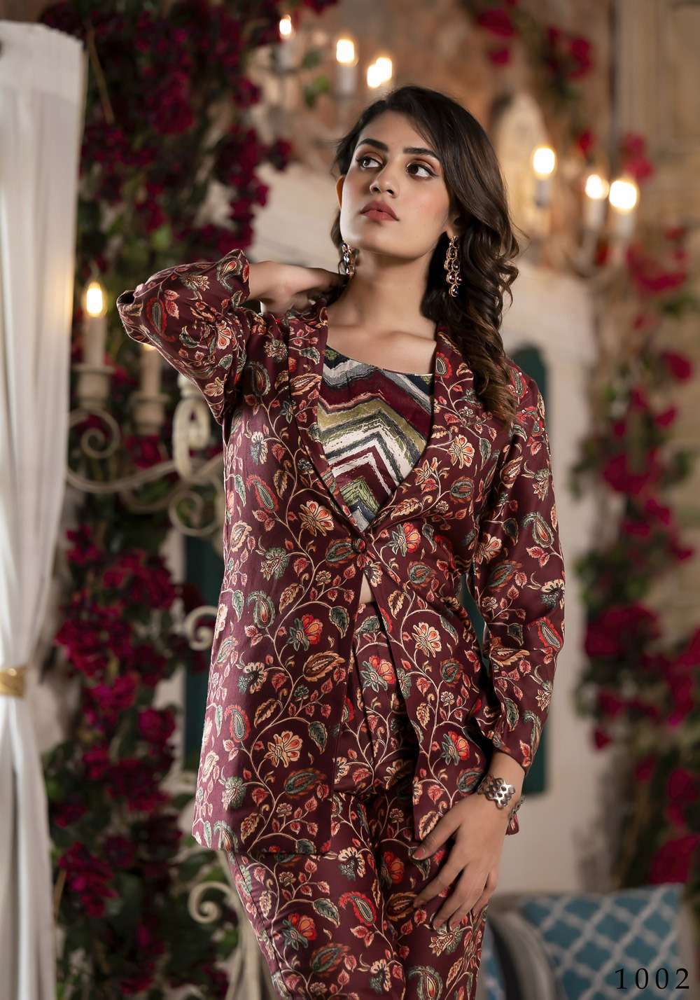 pr richie fancy cord set soft silk digital print readymade crop top with jacket and pant