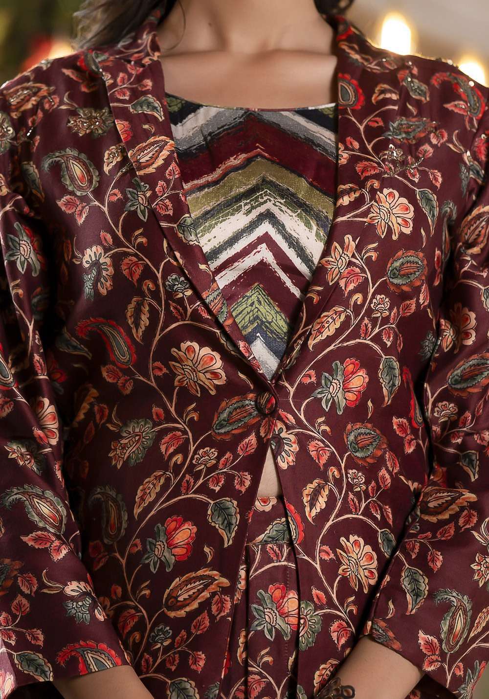 pr richie fancy cord set soft silk digital print readymade crop top with jacket and pant