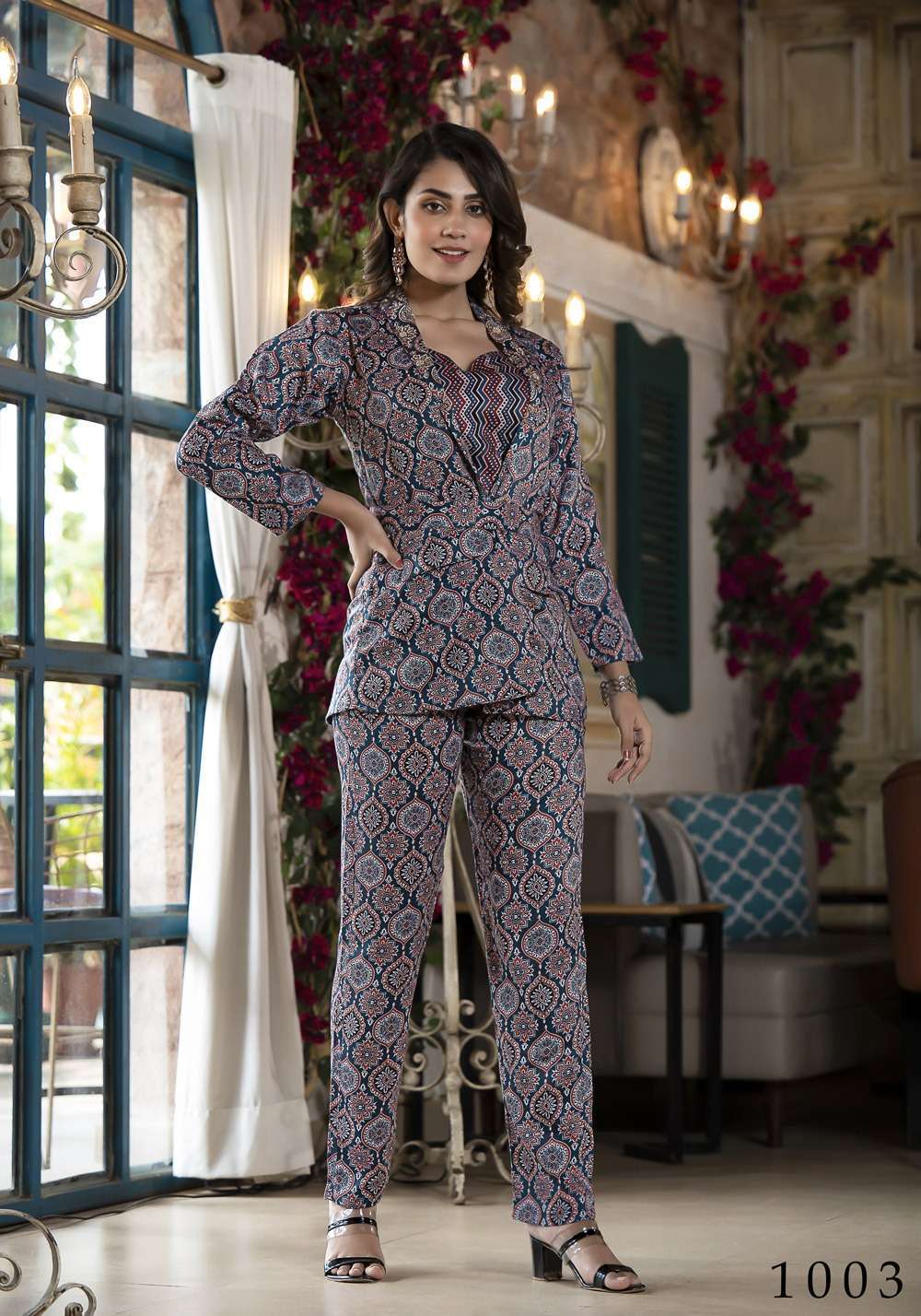 pr richie fancy cord set soft silk digital print readymade crop top with jacket and pant
