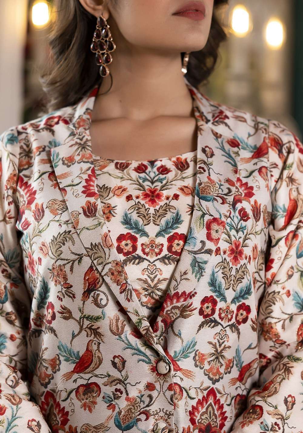 pr richie fancy cord set soft silk digital print readymade crop top with jacket and pant
