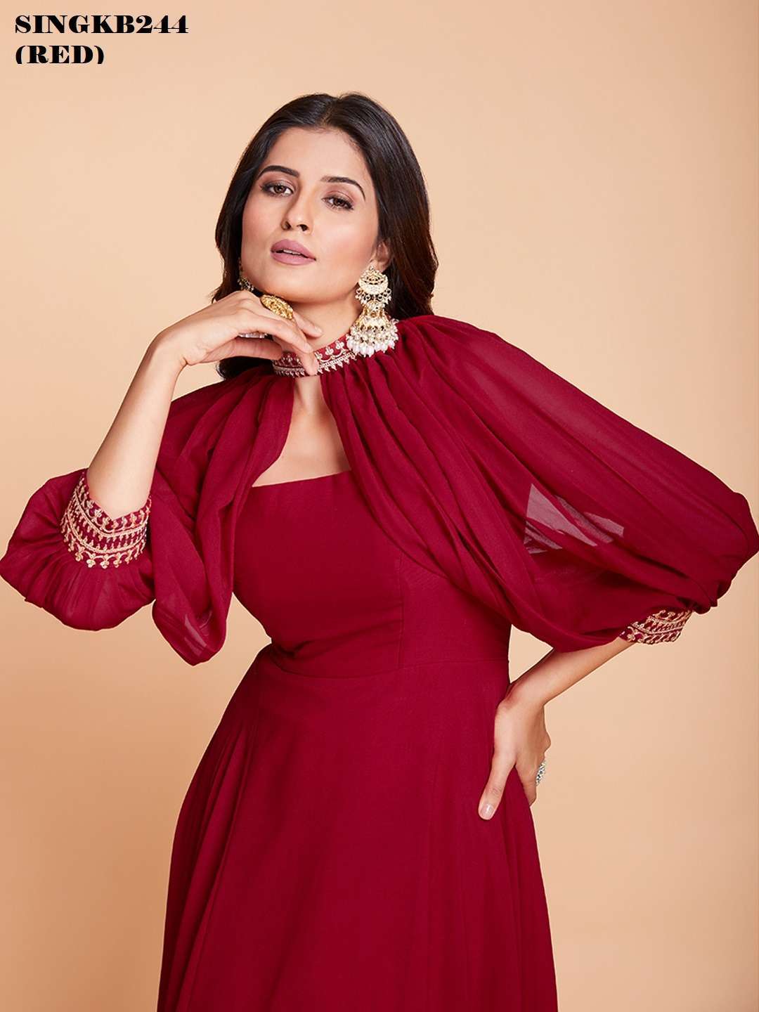 arya designs singkb244 red color faux georgette long gown