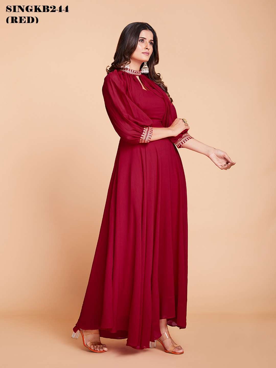 arya designs singkb244 red color faux georgette long gown