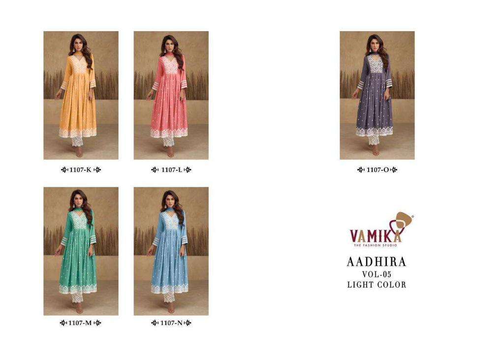 vamika aadhira vol 5 light color series 1107 pure rayon viscose suit 