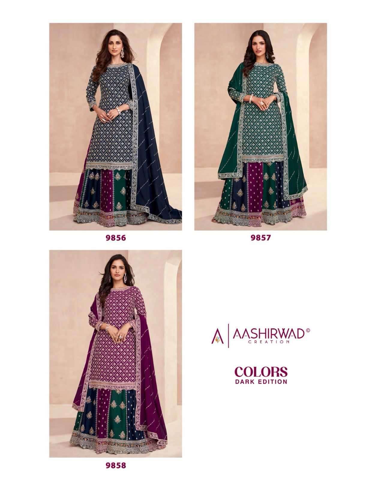 aashirwad gulkand colors dark edition series 9856-9858 premium chinon silk suit 