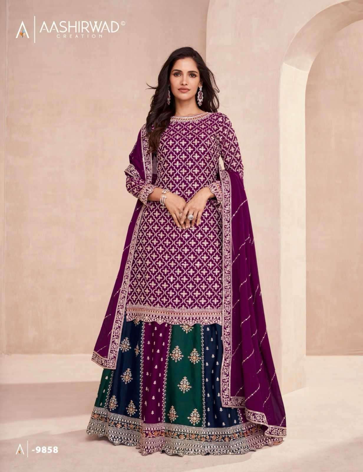 aashirwad gulkand colors dark edition series 9856-9858 premium chinon silk suit 