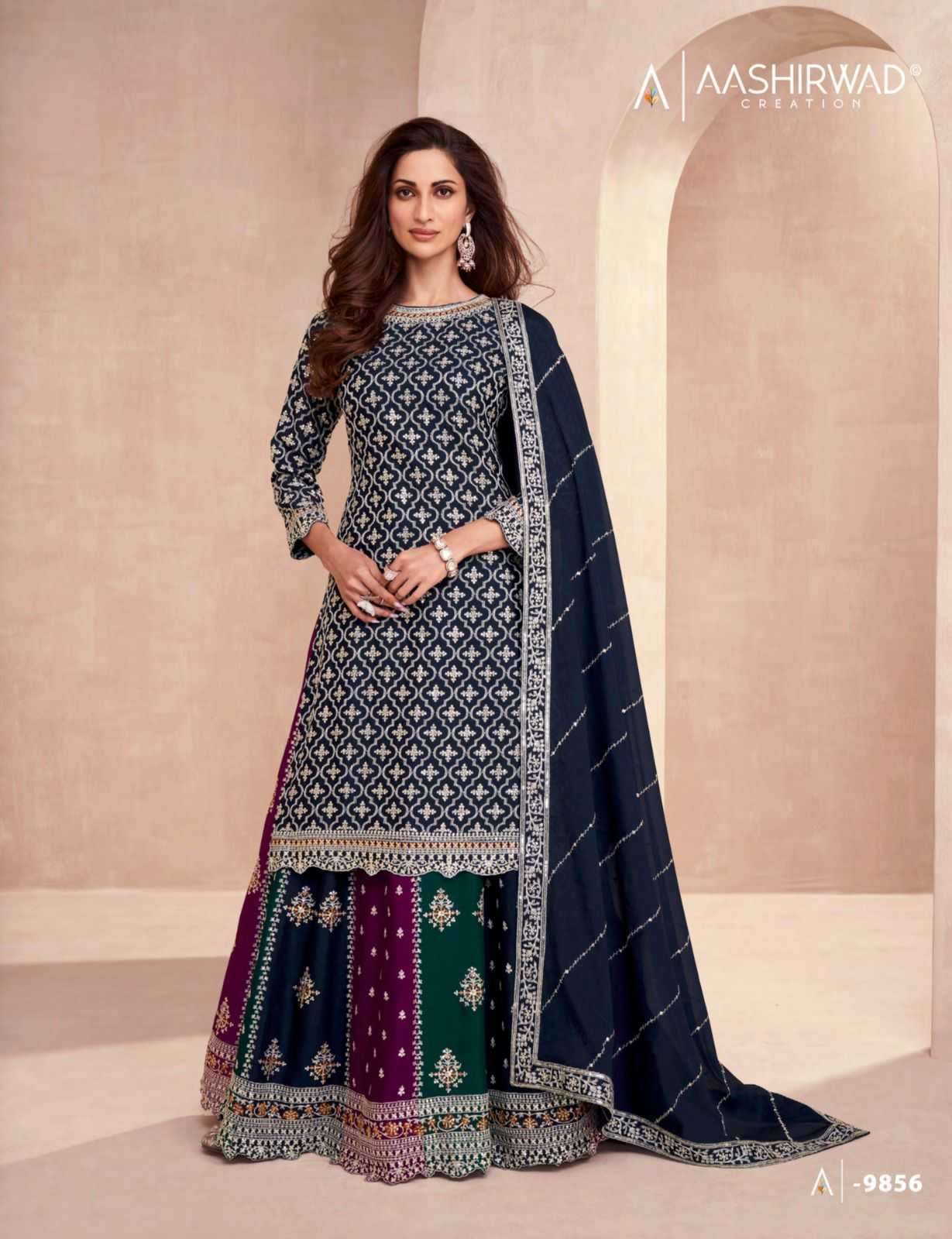 aashirwad gulkand colors dark edition series 9856-9858 premium chinon silk suit 