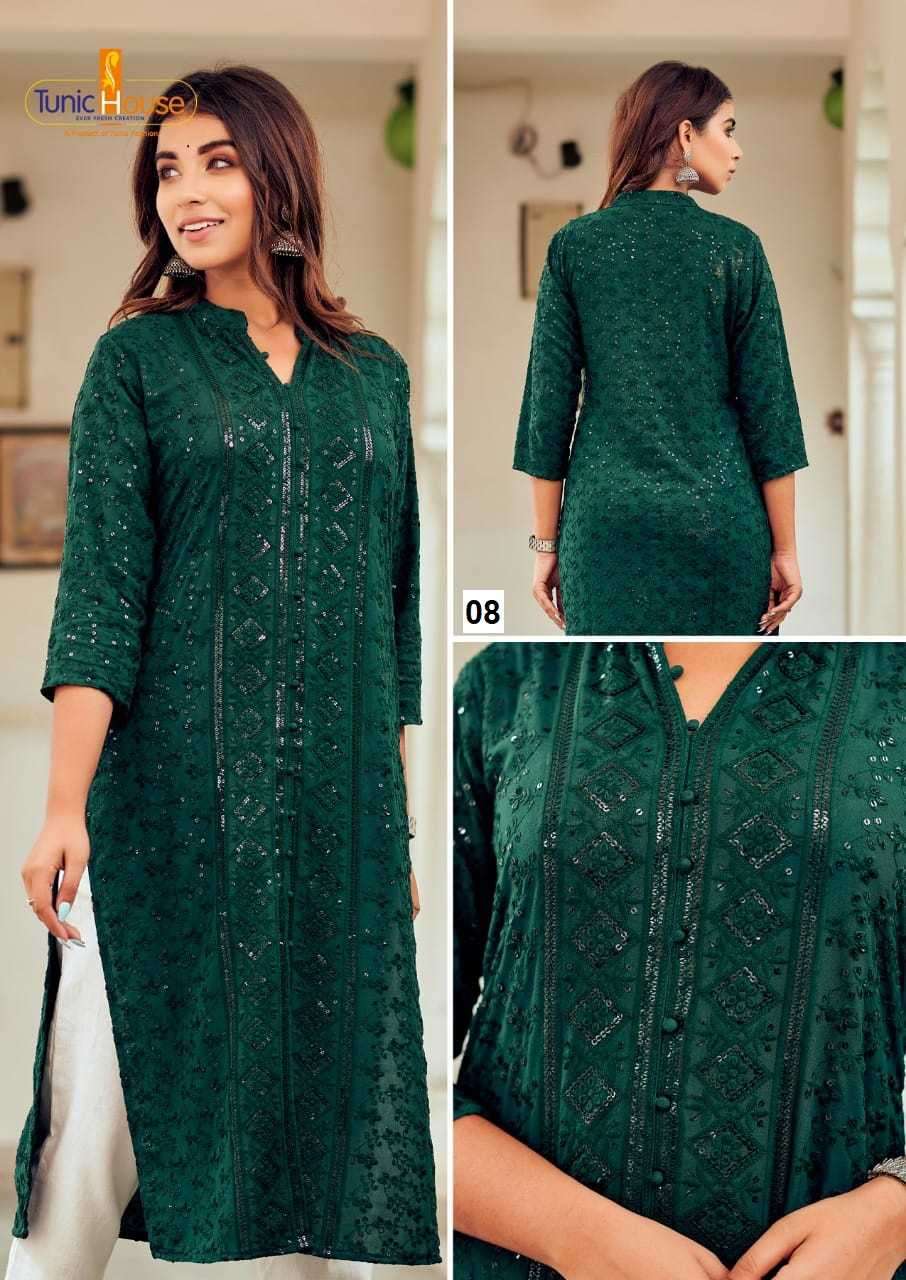 TUNIC HOUSE CHIKANKARI SEQUENCE WORK KURTI SIZE SET COMBO SET