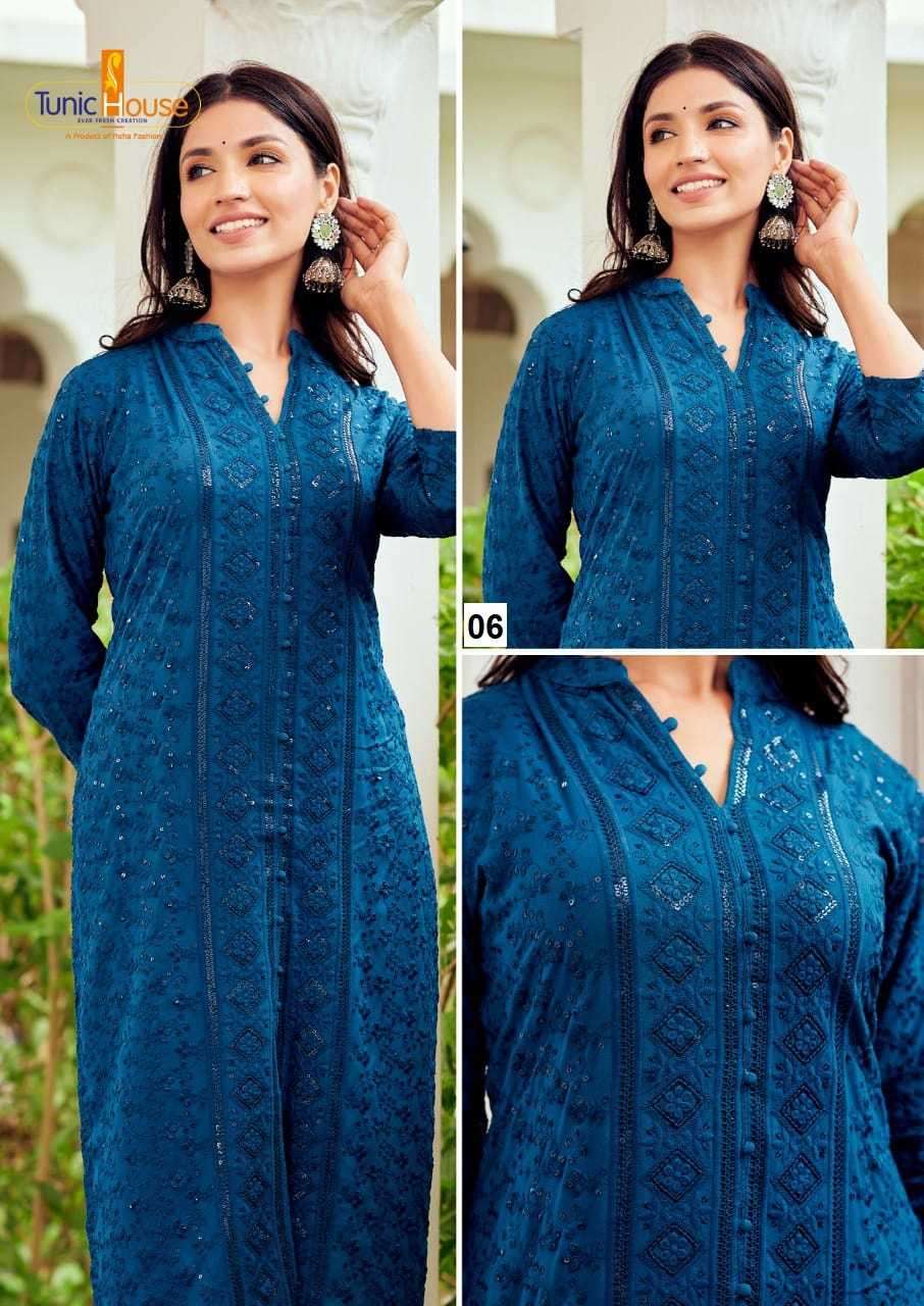 TUNIC HOUSE CHIKANKARI SEQUENCE WORK KURTI SIZE SET COMBO SET