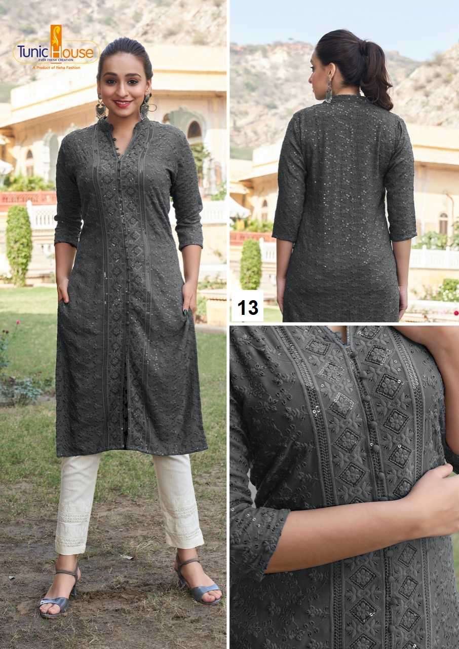 TUNIC HOUSE CHIKANKARI SEQUENCE WORK KURTI SIZE SET COMBO SET