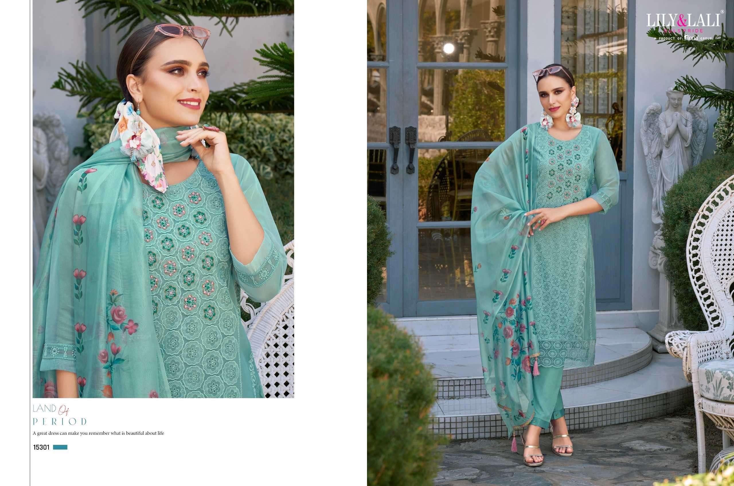 lily and lali chikan kari organza series 15301-15306 organza handwork suit