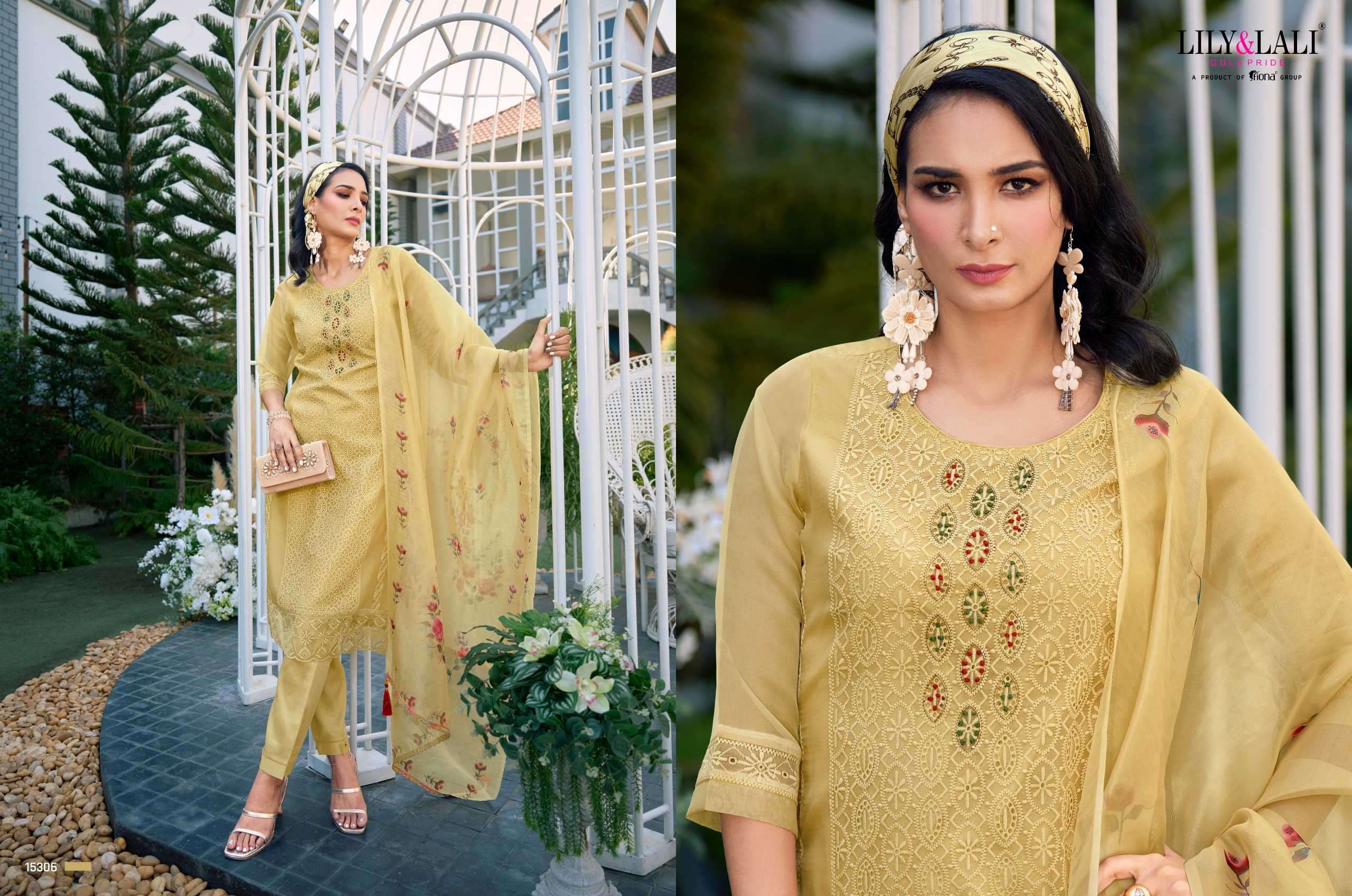 lily and lali chikan kari organza series 15301-15306 organza handwork suit