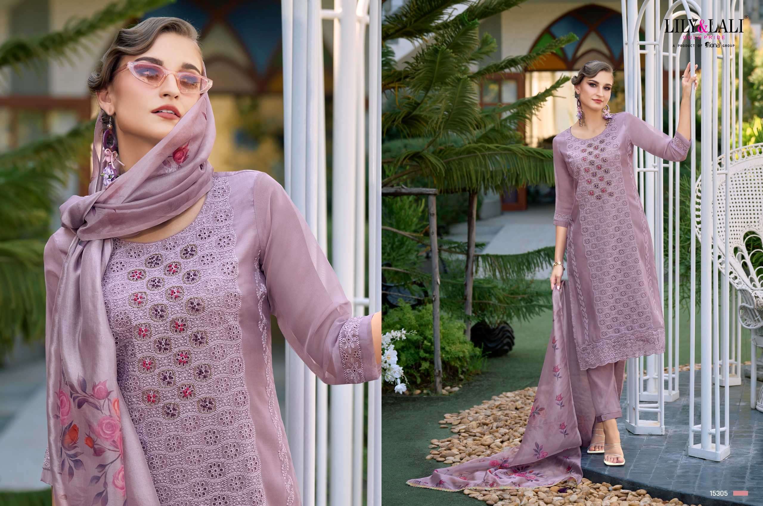 lily and lali chikan kari organza series 15301-15306 organza handwork suit