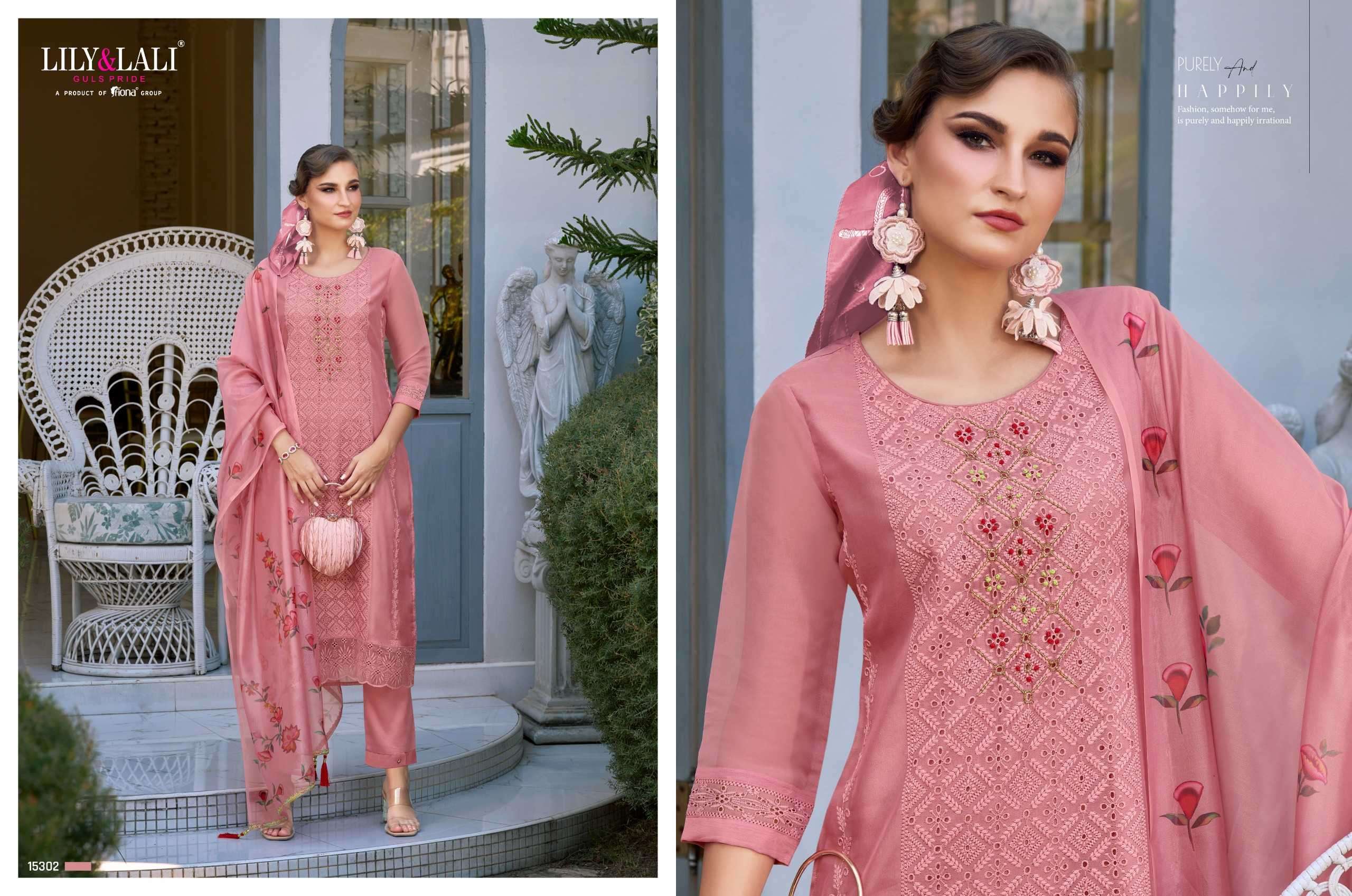 lily and lali chikan kari organza series 15301-15306 organza handwork suit