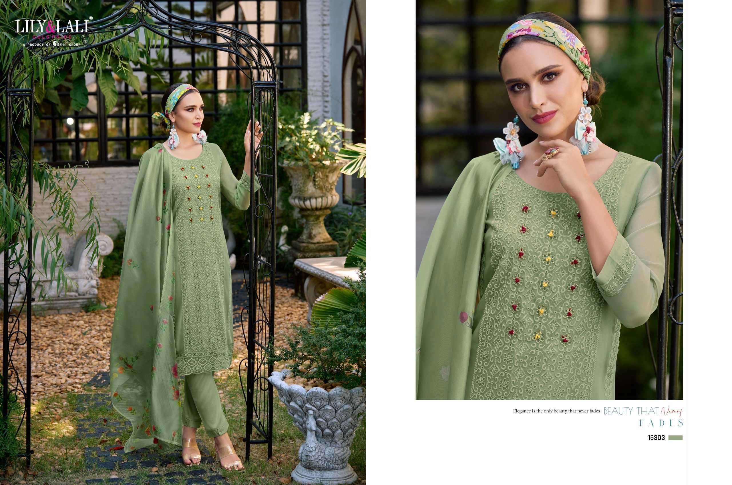 lily and lali chikan kari organza series 15301-15306 organza handwork suit