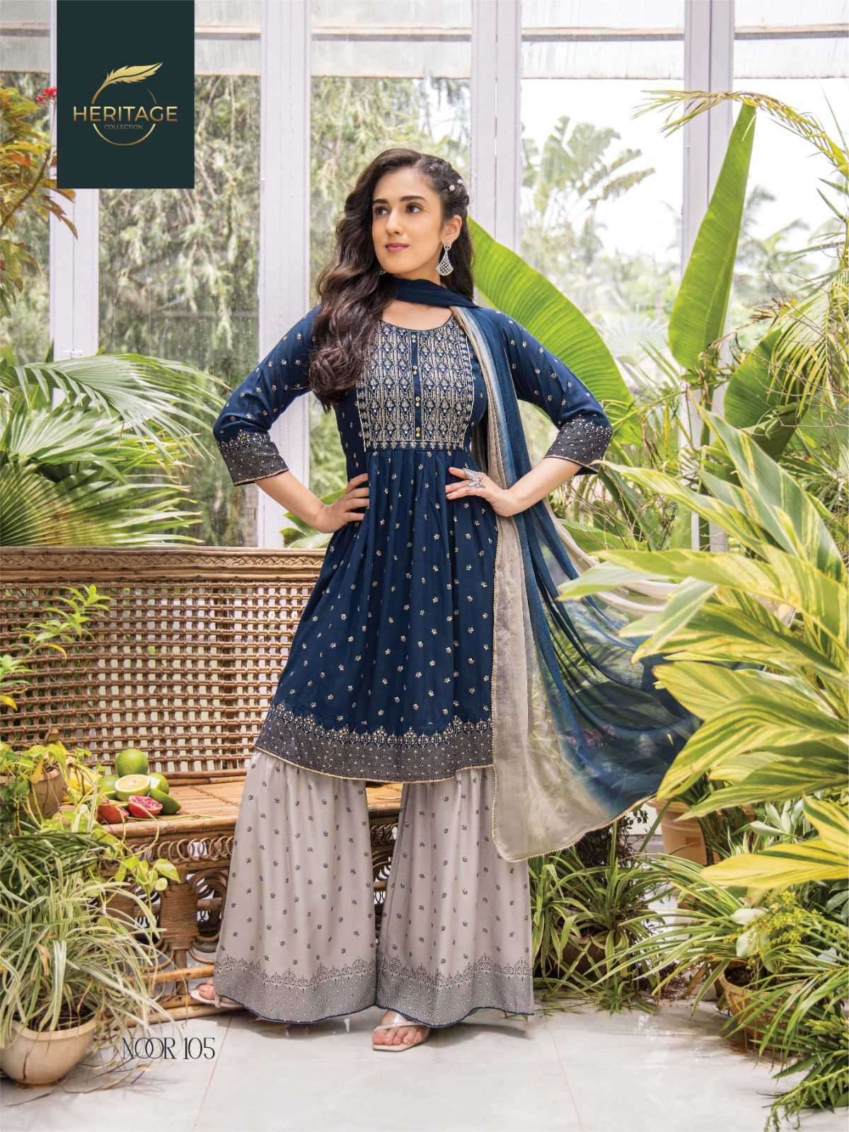 heritage noor nx series 101-105 rayon slub sharara readymade suit 