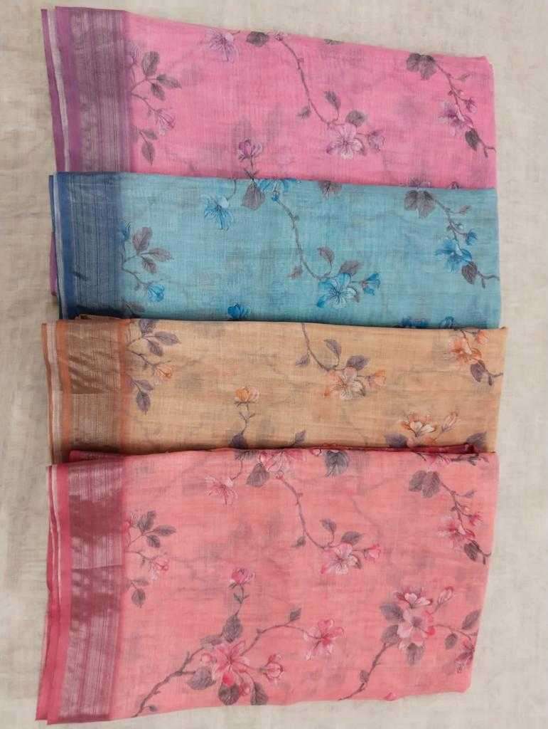pr 1032 cotton linen digital color matching sarees collection