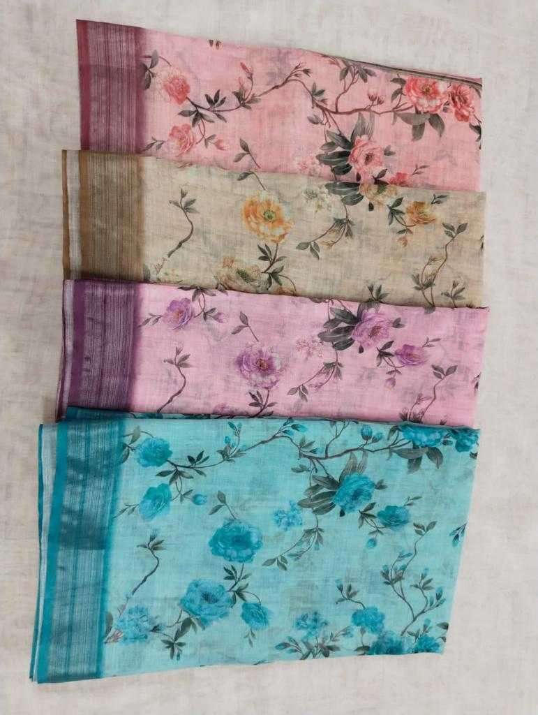pr 1032 cotton linen digital color matching sarees collection