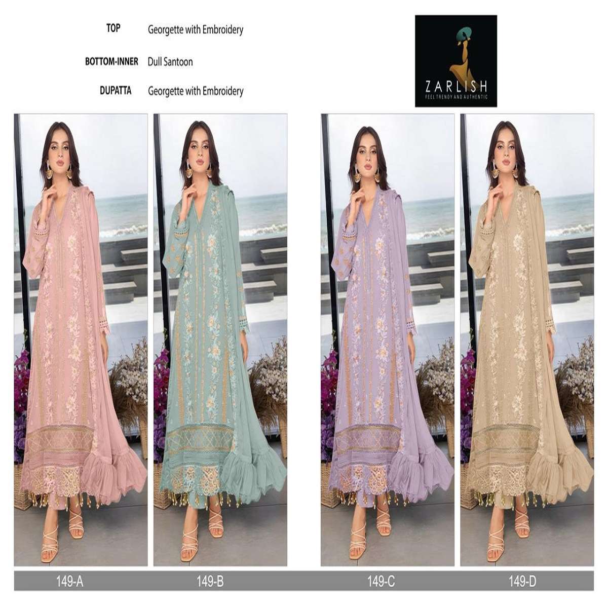 Zarlish Pakistani Work Suit D. No-149 Georgatte With Embroidery Work suit