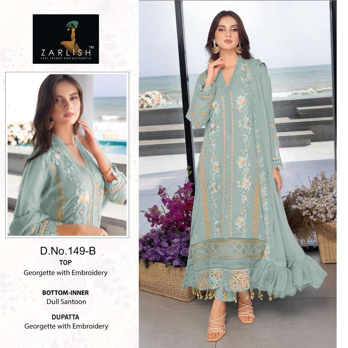 Zarlish Pakistani Work Suit D. No-149 Georgatte With Embroidery Work suit
