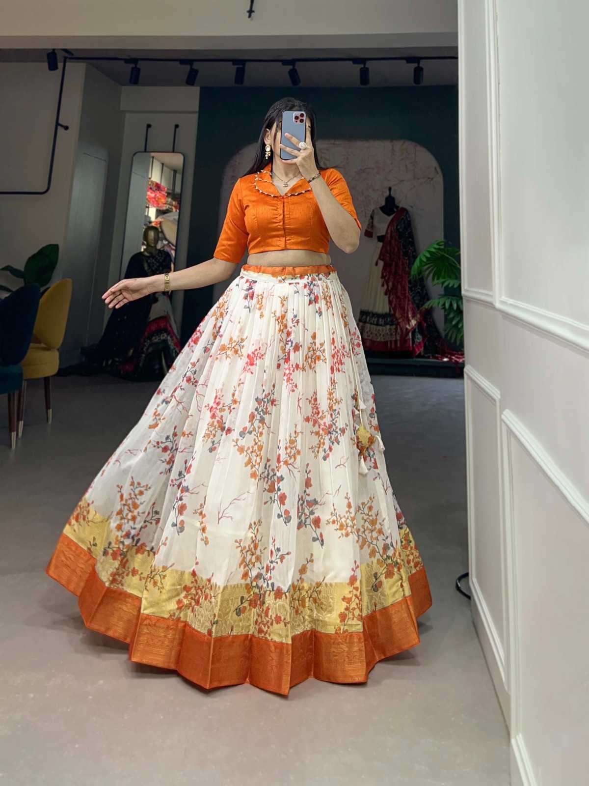 pr nnk1108ong Soft Cotton loral Print Zari Weaving Border  coord set lehenga 