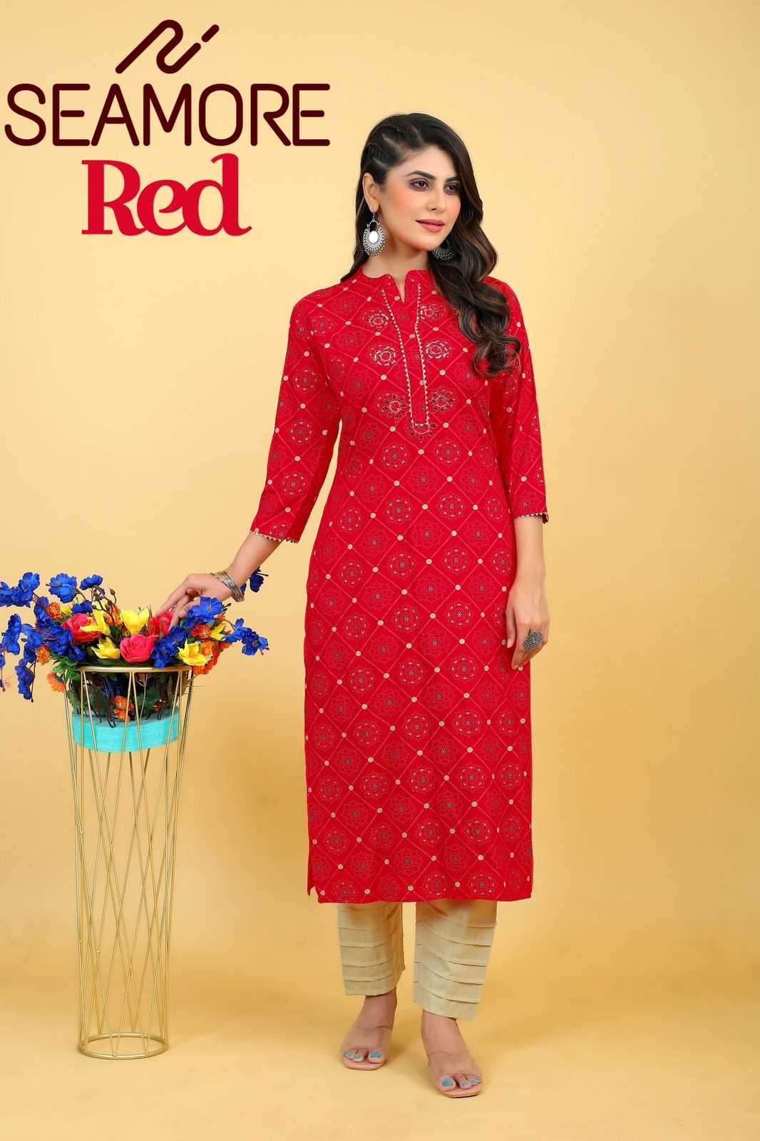 seamore red 3055-3058 Rayon kurti with Mirror Work 