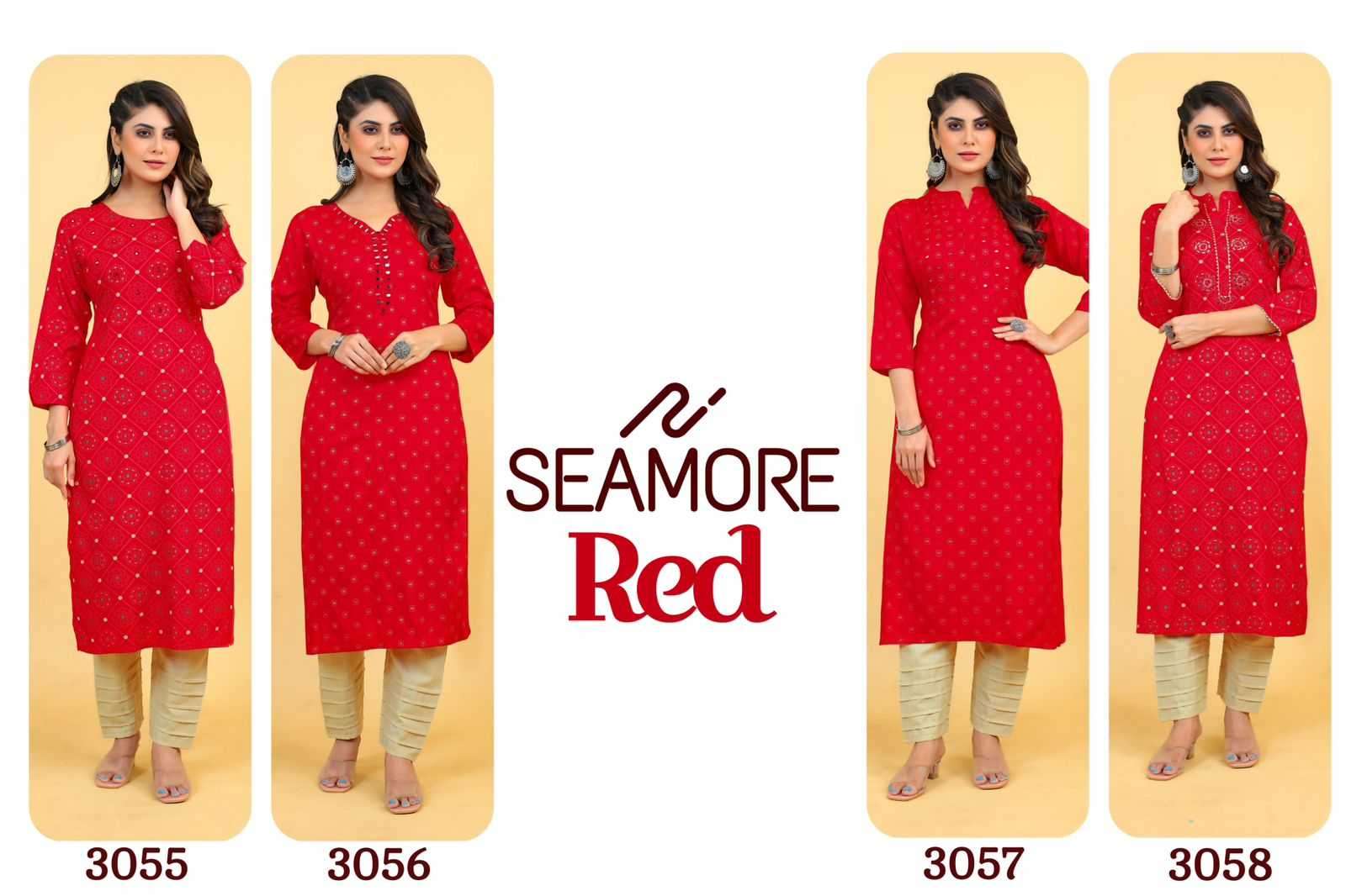 seamore red 3055-3058 Rayon kurti with Mirror Work 