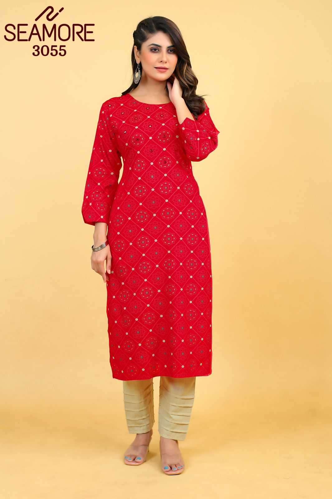 seamore red 3055-3058 Rayon kurti with Mirror Work 