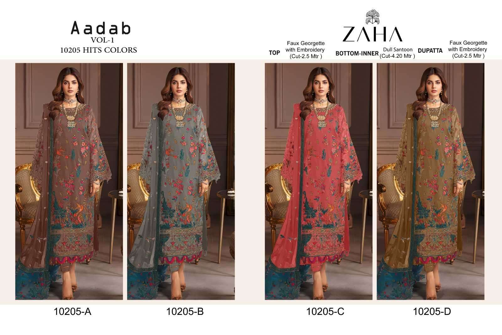 zaha aadab vol 1 10205 hits colors heavy georgette suit 