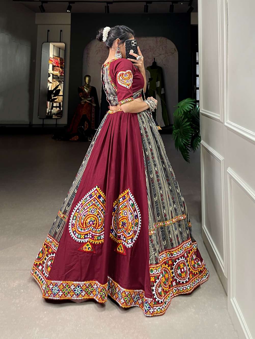 Adorning finely Pure Cotton gamthi work and mirror work chaniya choli 