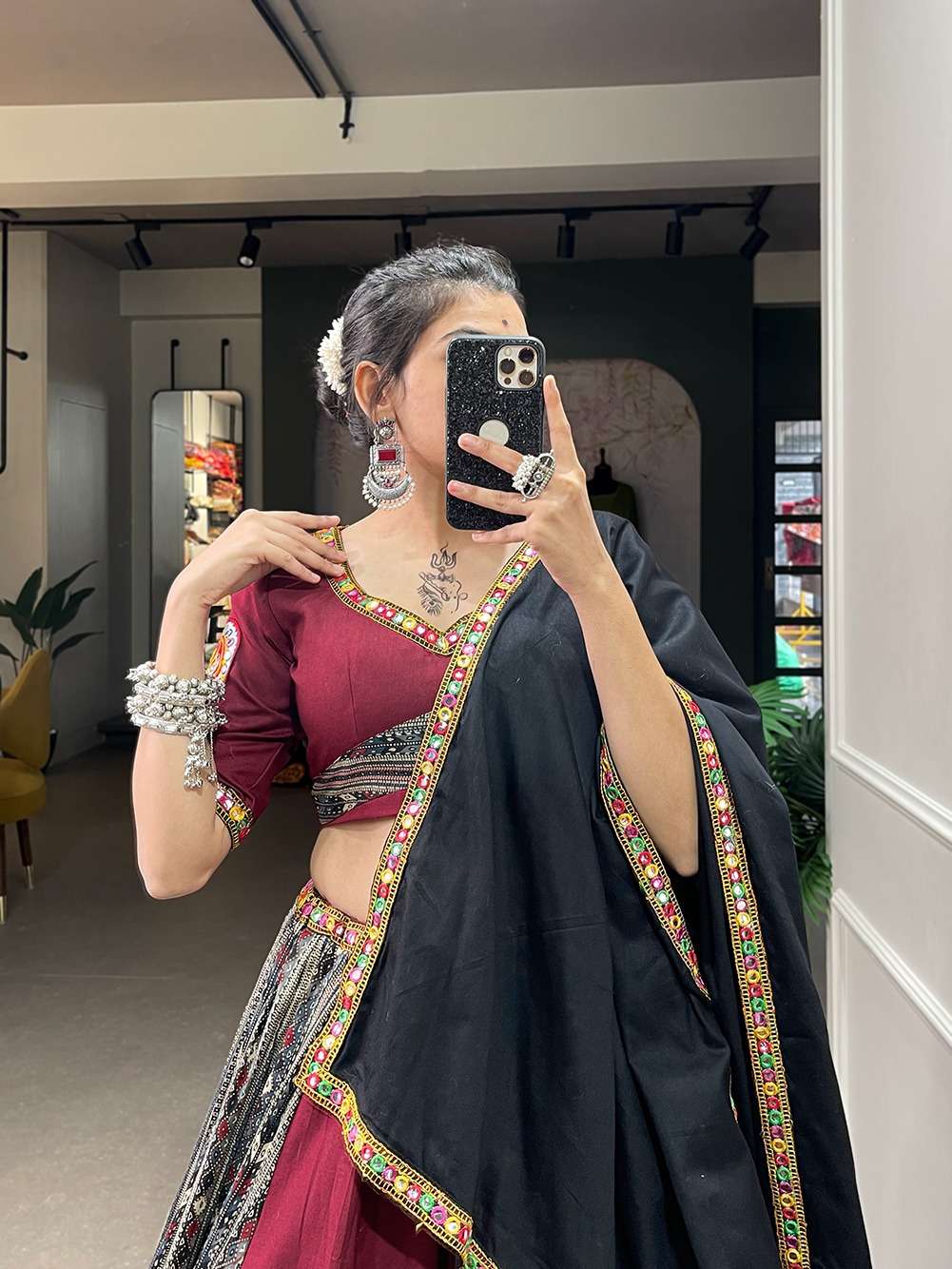 Adorning finely Pure Cotton gamthi work and mirror work chaniya choli 