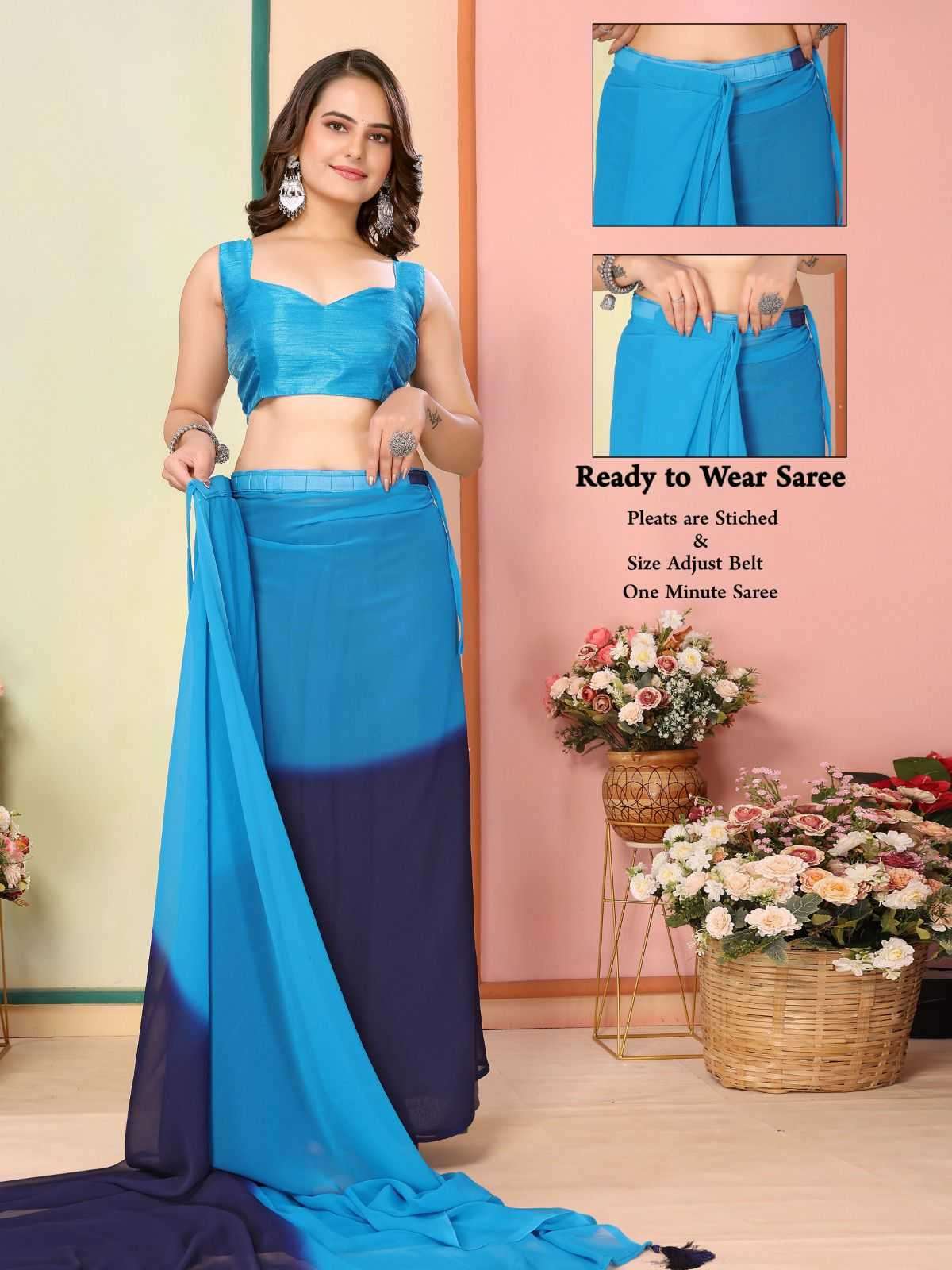 korea stylish georgette pleats are stitch size adjust belt one minute saree