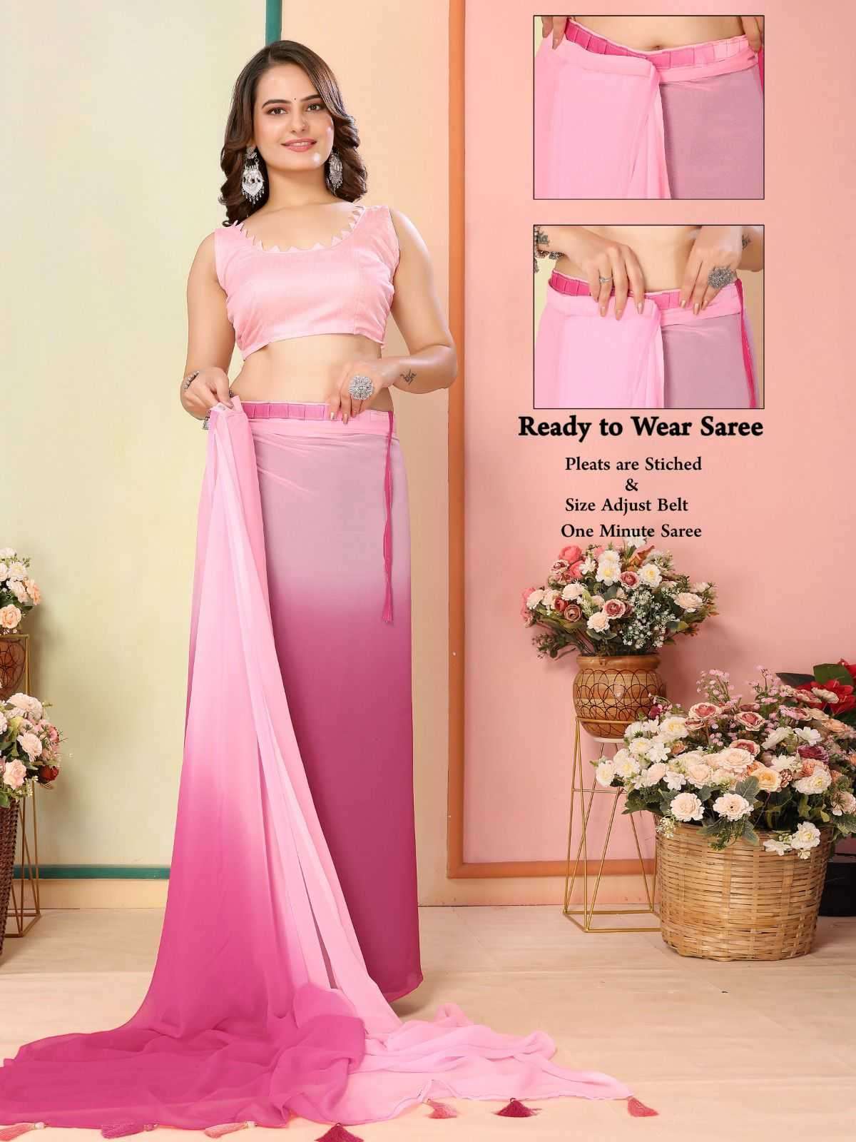 korea stylish georgette pleats are stitch size adjust belt one minute saree
